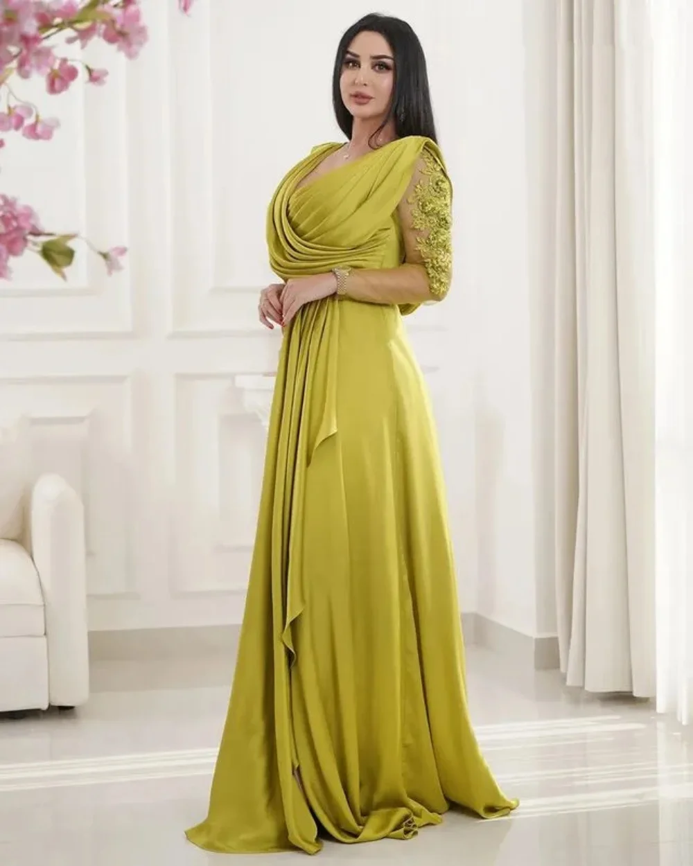 Xu Ni Yisheng Elegant Formal Evening Dress V-Neck Long Sleeve Reception Dress Chiffon Pleats Appliques A-Line Mother Party Dress