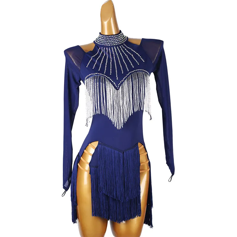 High neck long sleeve latin dance dress with radial rhinestone decor,color‑contrast double‑layer tassels and side hollow out,sui