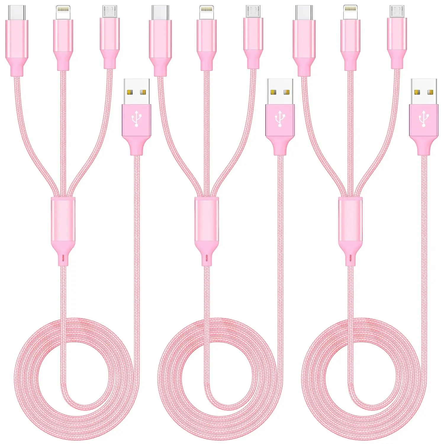 Multiple Charger Cable 3Pack 4FT  Nylon Braided Cord USB Charging Cable 3 in 1  with Type C Micro Lightning USB Connectors