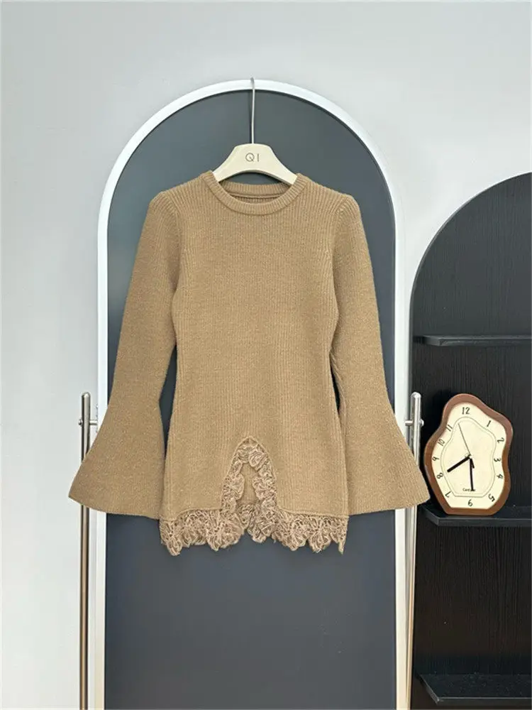 

Korean Sle Commuter Faion Waist-Cinching Knitwear Women's Spring New Ele Top Long Sve round Ne Color