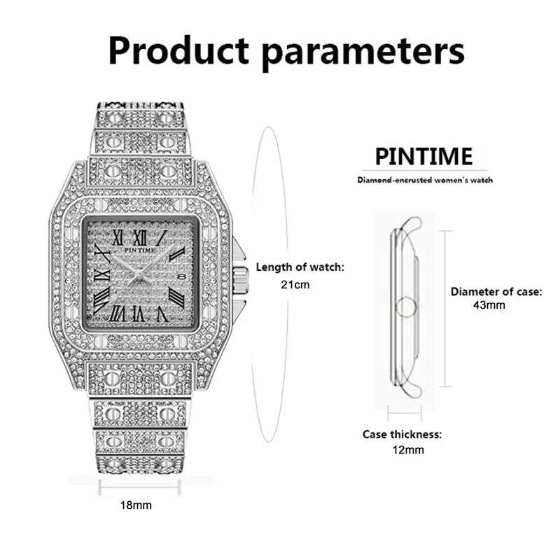 PINTIME Women Watches Iced Out Diamond Quartz Wristwatch Waterproof Square Case Luxury Dial Metal Strap Calendar Hip Hop Relogio