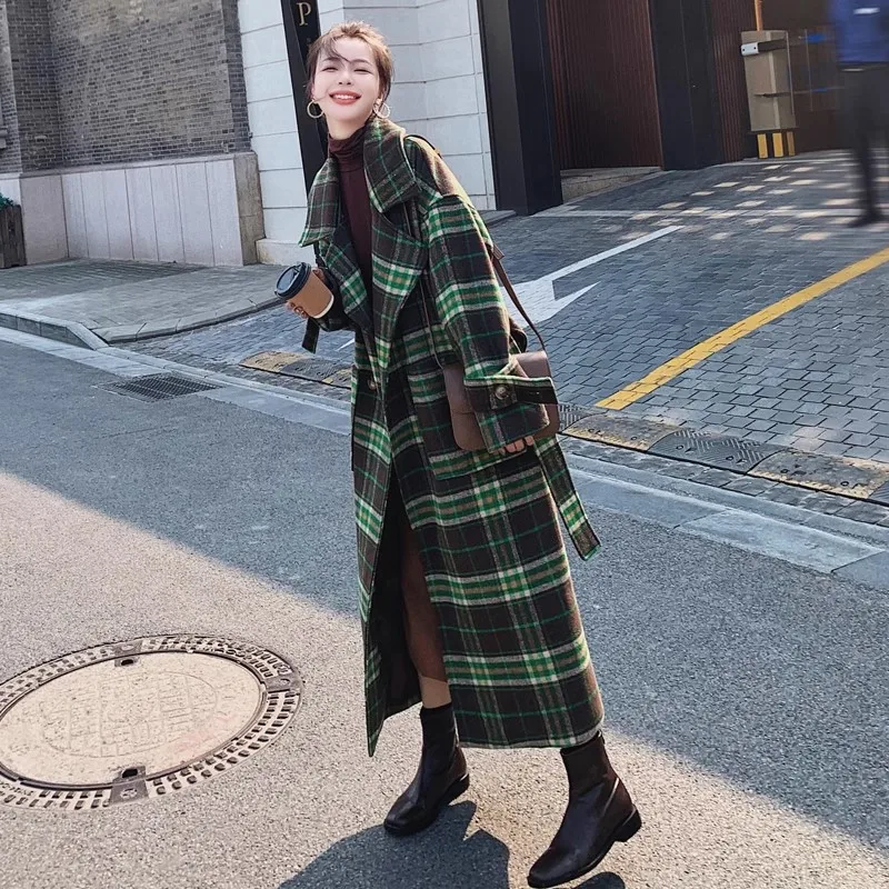 Green Plaid Woolen Coat For Women 2024 Winter New Lady Thicken Temperament Woolen Coats Fashion Korean Belt Female Long Overcoat