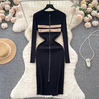 Autumn Winter Women Knitted Dress Zipper Fashion O-neck Strecth Bodycon Sweater Dress with Split Lady Office Midi Long Dress