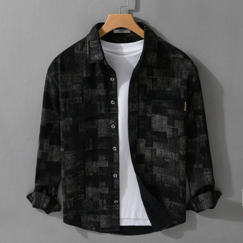 

Мужская рубашка свободного кроя с длинными рукавами, повседневная однотонная молодежная рубашка в стиле ретро, ​​модная универсальная мужская одежда на осень и зиму