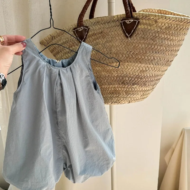 New Summer Children Plaid Lantern Jumpsuits Sleeveless Loose Korean Style Baby Girls Casual Bodysuits - view 3