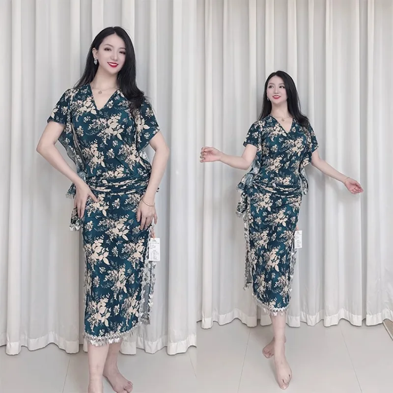 맞춤형 밸리 댄스 의상 훈련 옷 뷰티 바 스팽글 프린트 로브 유행하지 않은 민속 지팡이 오리엔탈 댄스웨어 3pcs