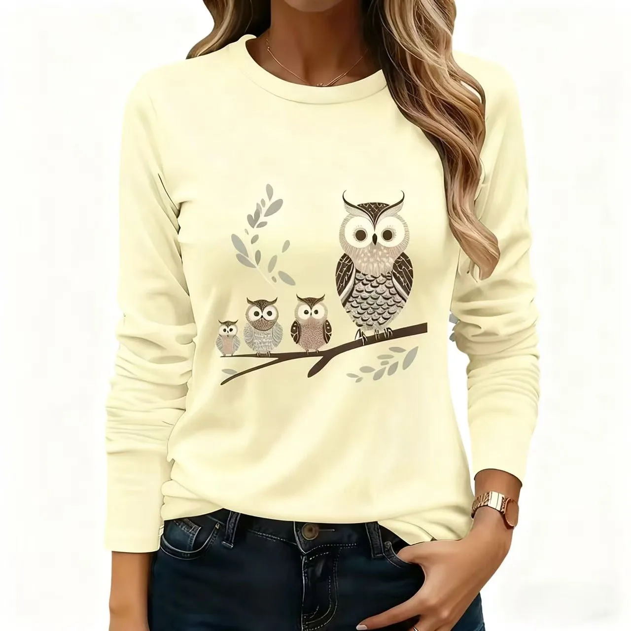 Женская футболка больших размеров с длинным рукавом — мягкий повседневный топ, семейный узор «Сова», можно стирать в машине, повседневное незаменимание, высокое качество, женская одежда