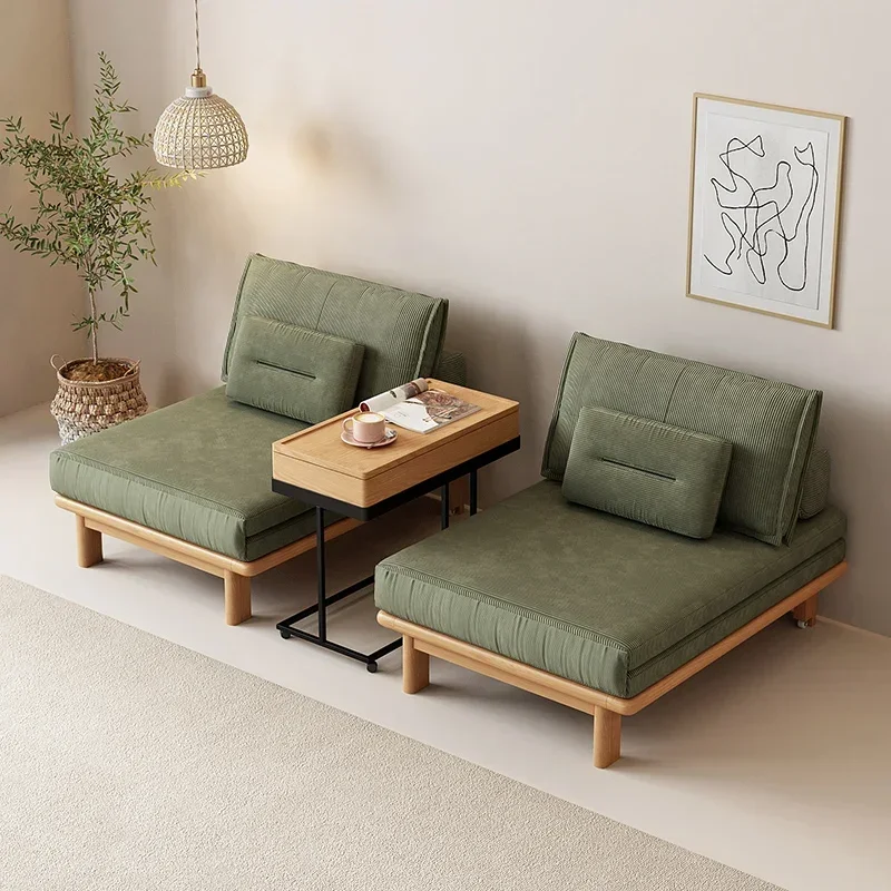 Japanese-Style Retro Single Solid Wood Foldable Dual-Purpose Log Style Functional Fabric Sofa