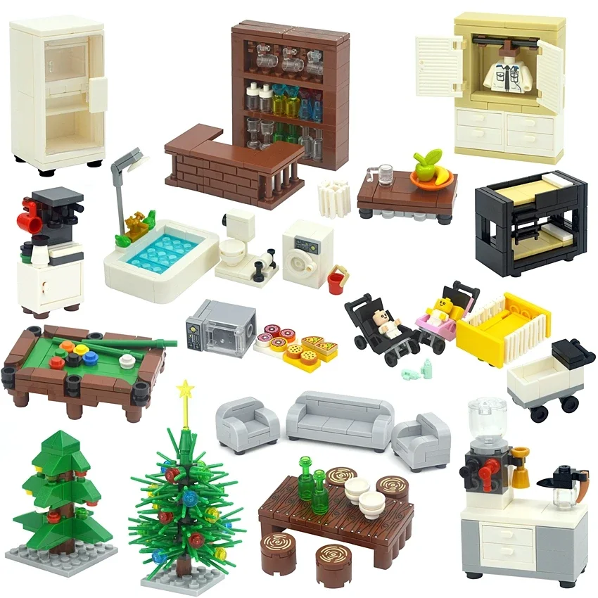 MOC City Friend Parts DIY House Scenes Accessories Creative Bricks Christmas Tree Desk Dining Table Bed Bathroom Building Blocks