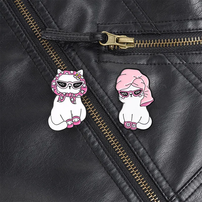 Hair Towel Wrap Cat With Sunglasses Enamel Pin, Pink Headwrap Kitty Brooch For Spa Homegirl Style And Bag Decoration