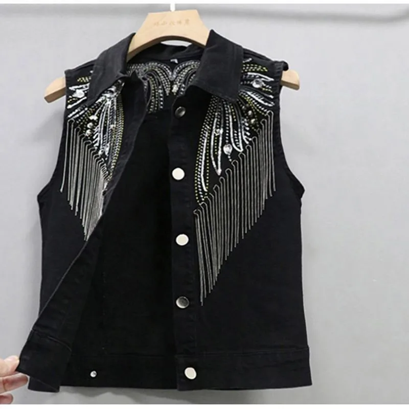 Women Sleeveless Short Jean Vest Coat 2024 New Female Single Breasted Black Rivet Tassel Denim Vests Sleeveless Waistcoat Jacket