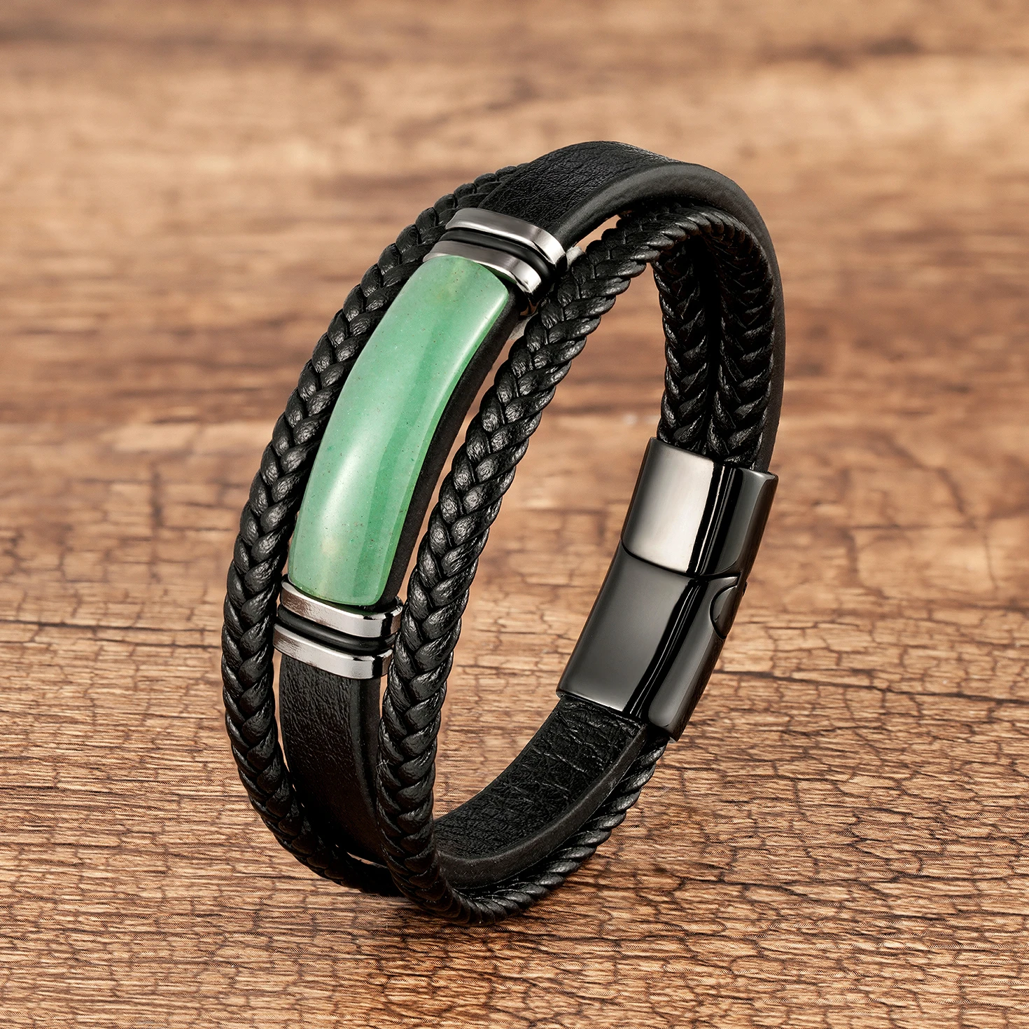 Natürliches Tigerauge Stein Charm Armband Mehrschichtiges geflochtenes Lederseil Herrenarmband Armreifen Edelstahl Schmuckzubehör – Detail 6