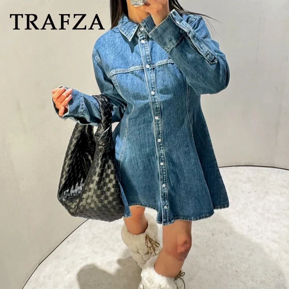 

TRAFZA Chic Fashion 2025 Autumn Sexy Denim Woman Dress Pleated Long Sleeve Button Dress Fashion 2025 High Street Female Vestidos