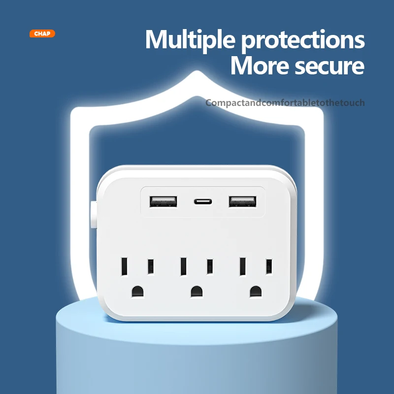 قابس أمريكي مع حماية من زيادة التيار 6 في 1 شريط طاقة صغير محمول متعدد الوظائف 3 منافذ + 2 USB + 1 Type-C أبيض #6