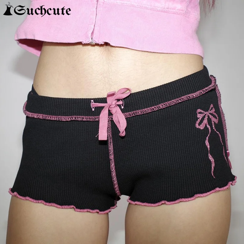 

SUCHCUTE Bow Print Contrast Knit Mini Shorts for Women Drawstring Low Waist Aesthetic Casual Sweet Streetwear Stitch Y2k Shorts