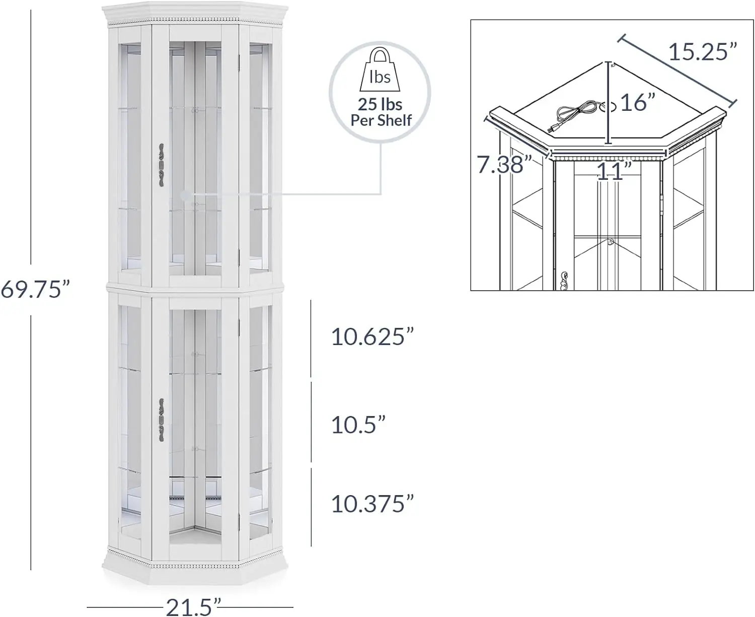 3-Side Glass Display Curio Cabinet w/Tempered Glass Doors & Shelves, Accent Wooden Corner Cabinet with Bulb,Corner Storage