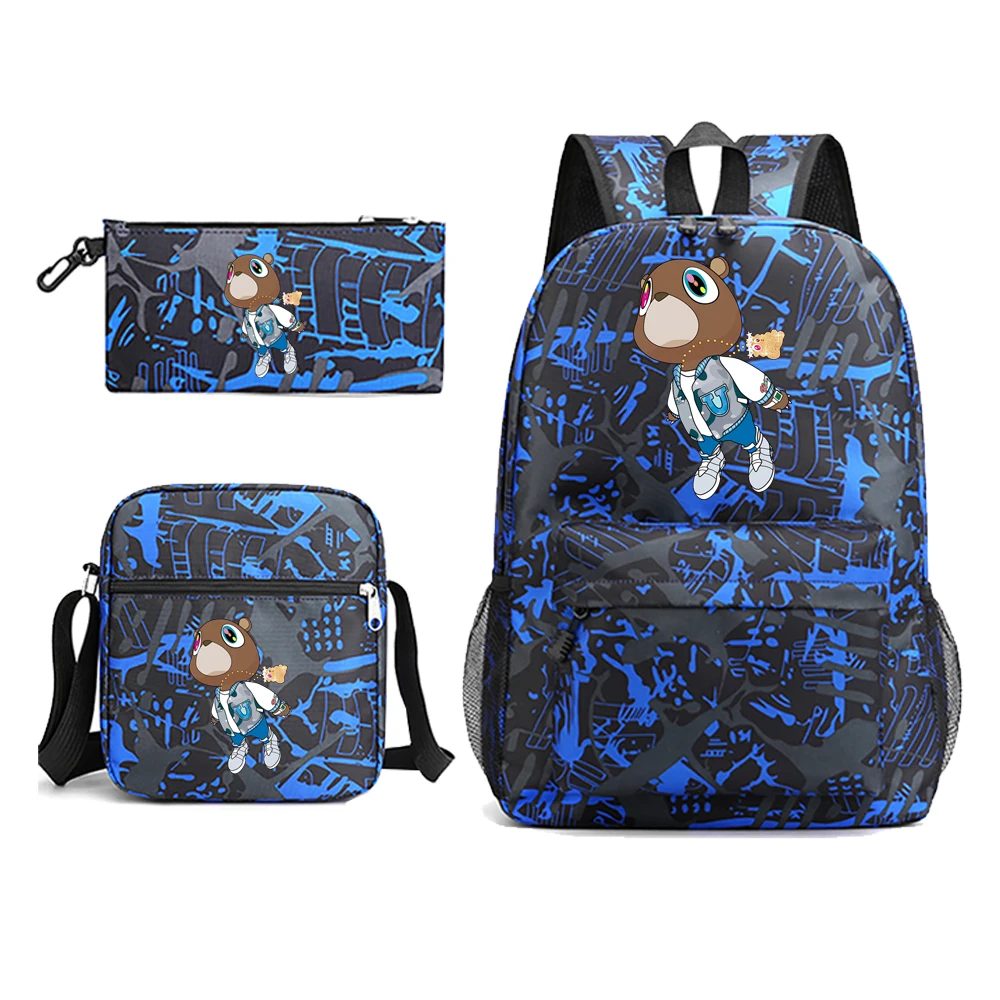 Kanye West Graduation Print Student Schoolbag 3-Piece Set Youth Backpack Pencil Case Shoulder Bag Set for Fans Gift