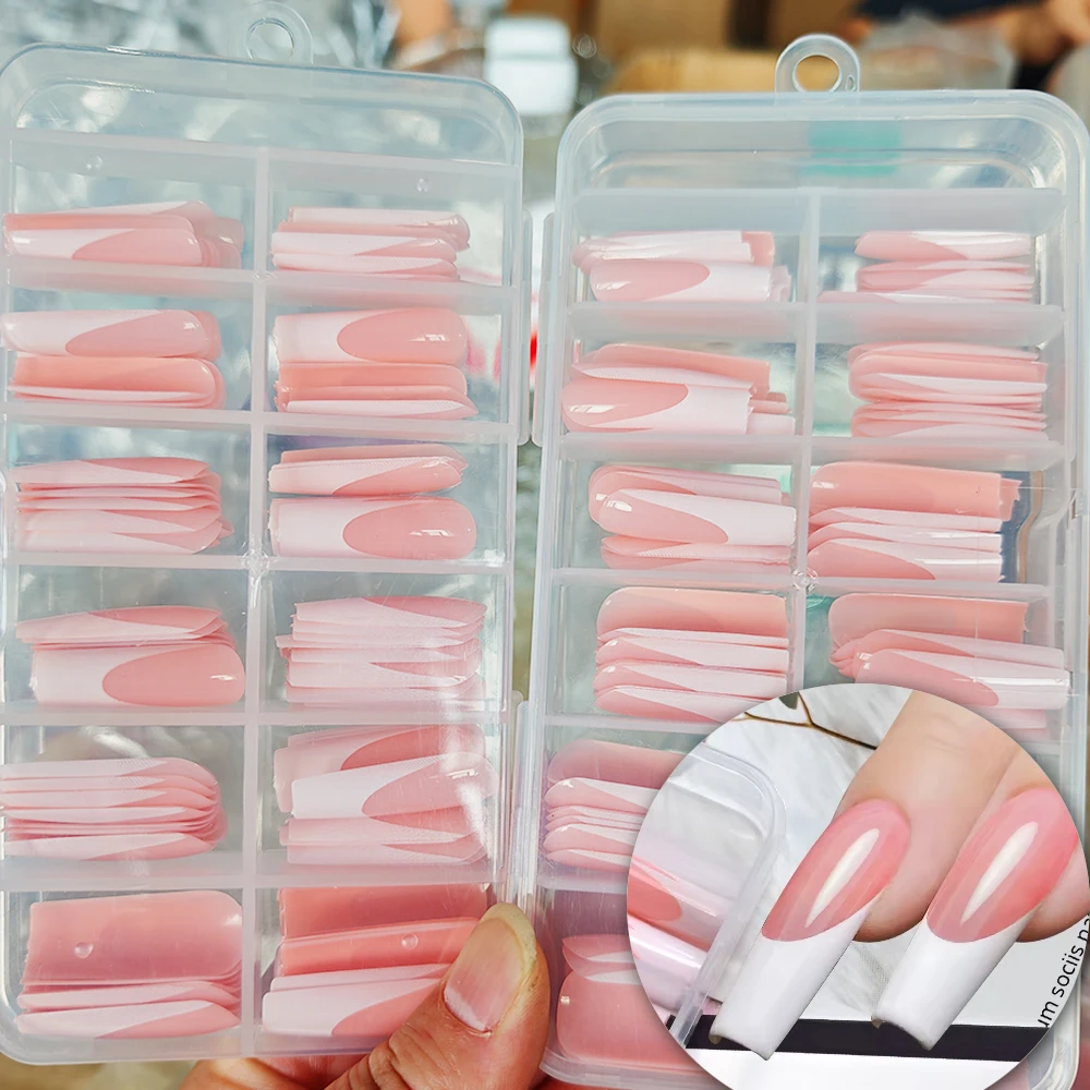 120Pcs Glossy Pink French Press On Nails 12-Sizes Long Square Fake Nails White Edge Design Full Cover False French Nails Tips t