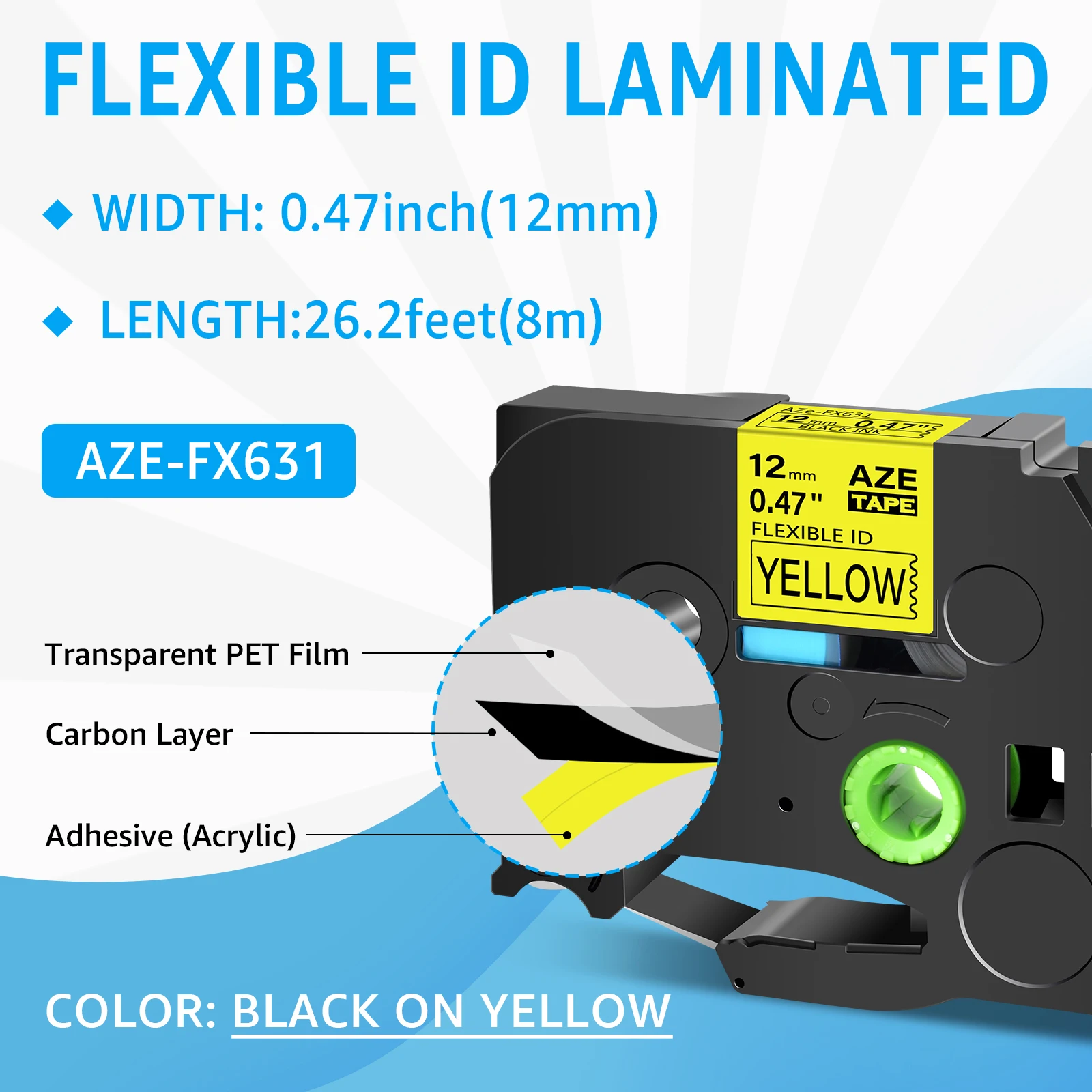 15Pcs 12mm Flexible ID Laminat Labels Tape Compatible for Brother TZe-FX631 Black on Yellow Labels for P-Touch PT-1010 Printers