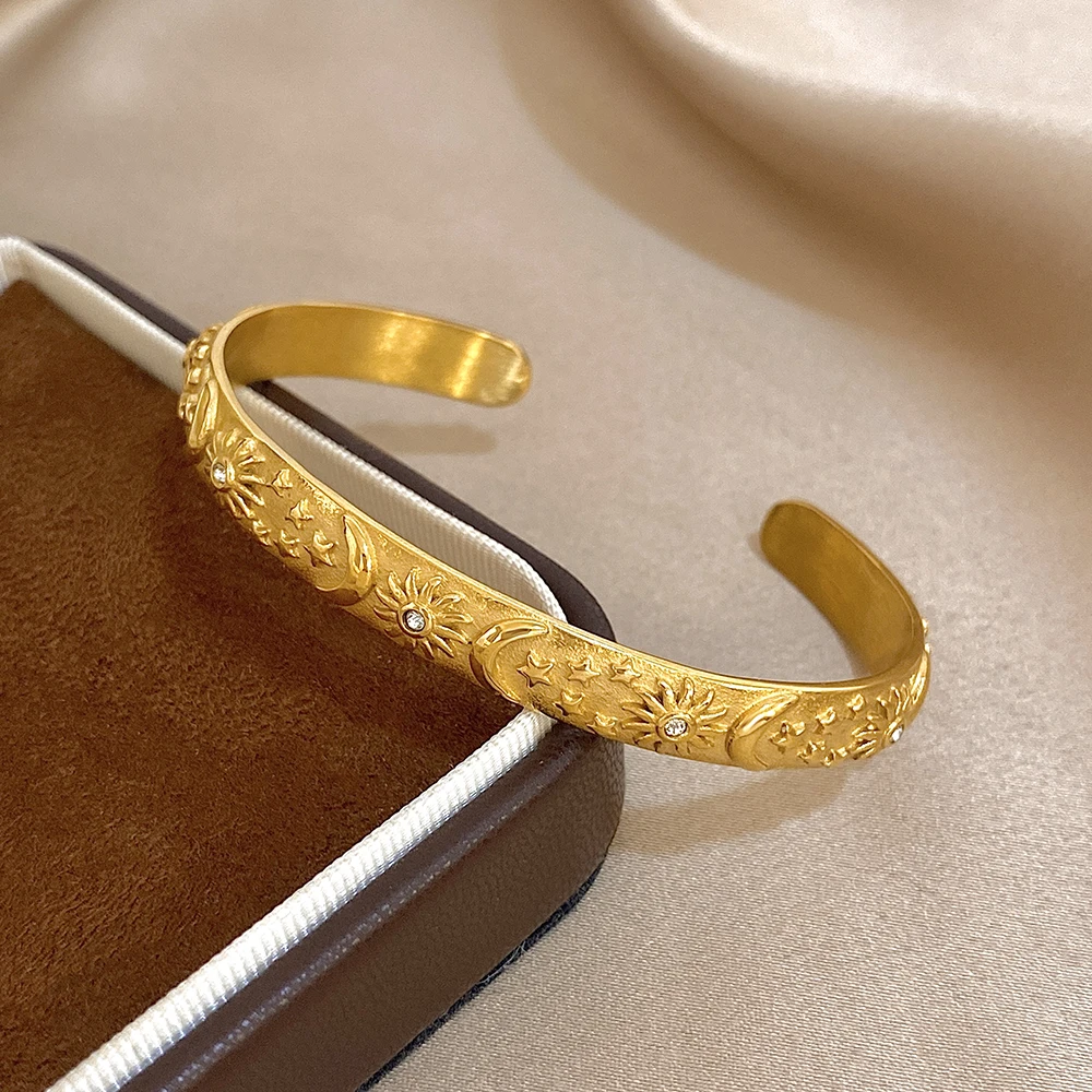 

Freetry Luxury Stainless Steel Open Wide Bangle Bracelet for Women Vintage Carving Stars Moon Sun Bangle Waterproof Hand Jewelry