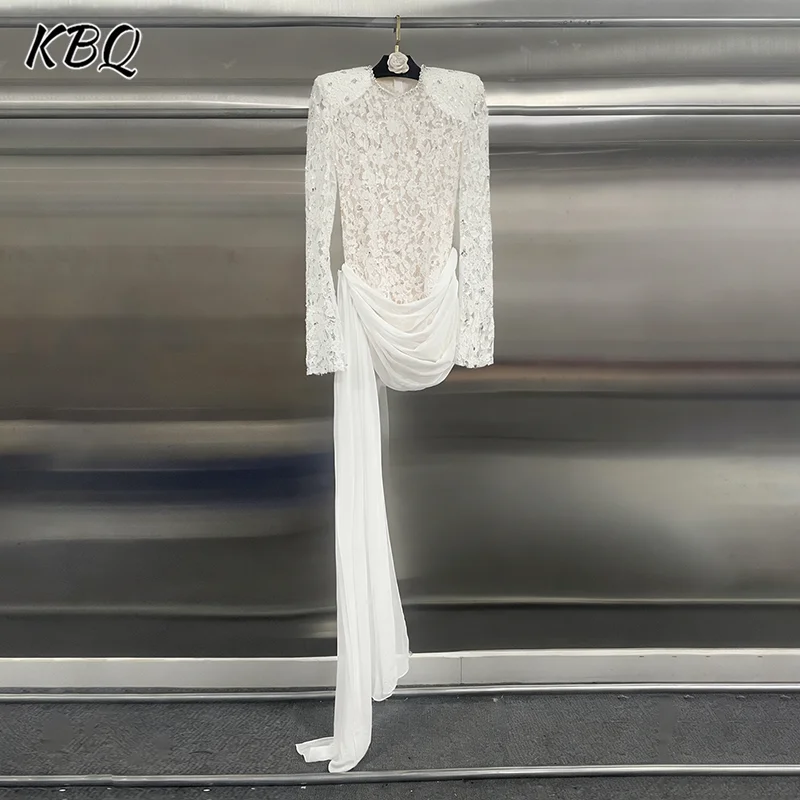 KBQ Spliced Folds Sexy Sheer Slimming Mini Dresses for Women Round Neck Long Sleeves Patchwork Sequins Dress Female Fashion New