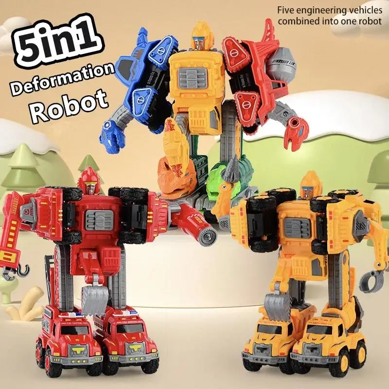 5 In 1 Alloy Transformer Robot Children Deformation Toy Dinosaur Engineering Vehicle Fire Engine Transformation Robot Kids Gifts