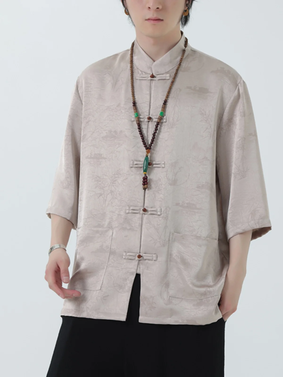 

Льняная мужская летняя тонкая свободная рубашка с рукавом три четверти, воротником-стойкой, в стиле ретро, из ледяного шелка, с охлаждающим эффектом, в китайском стиле