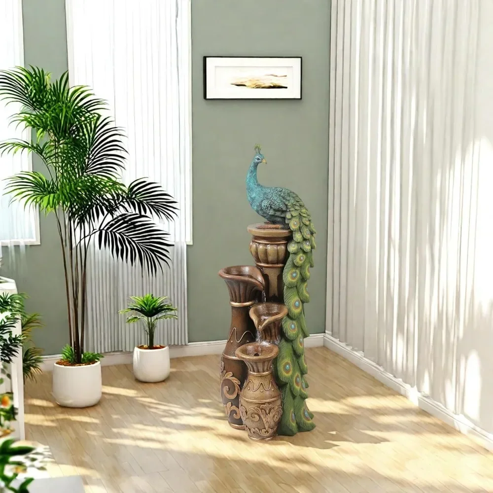 44-inch Resin Peacock Fountain, LuxenHome Outdoor Fountain with Water Tank and LED Lights, Outdoor Tall Fountain