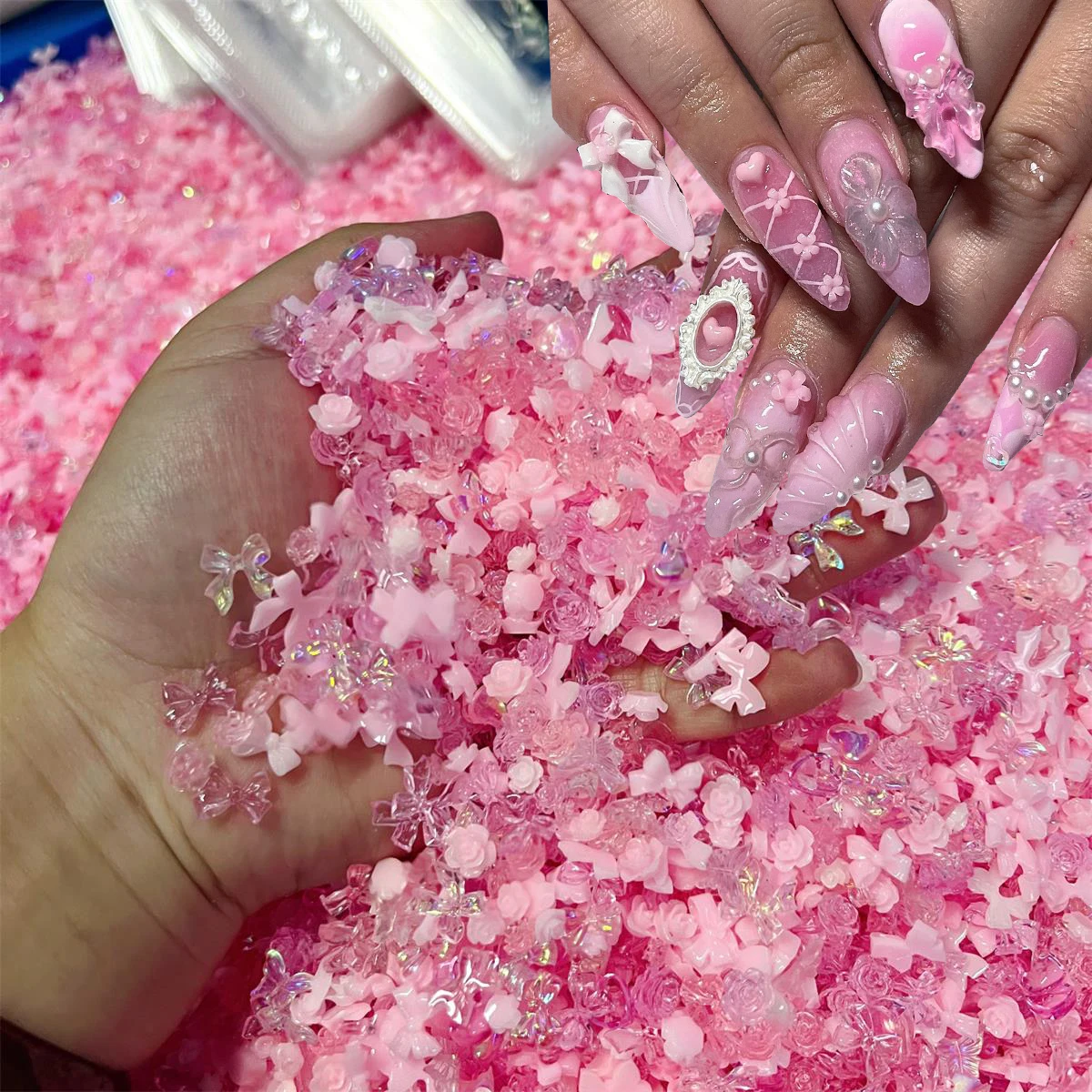 50g 3D Strikken/Rose Bloem/Liefde Hart/Vlinder Nagel Charmes Gemengd Roze Acryl Nail Art Decoratie Kawaii Y2K Craft Nagelbenodigdheden *