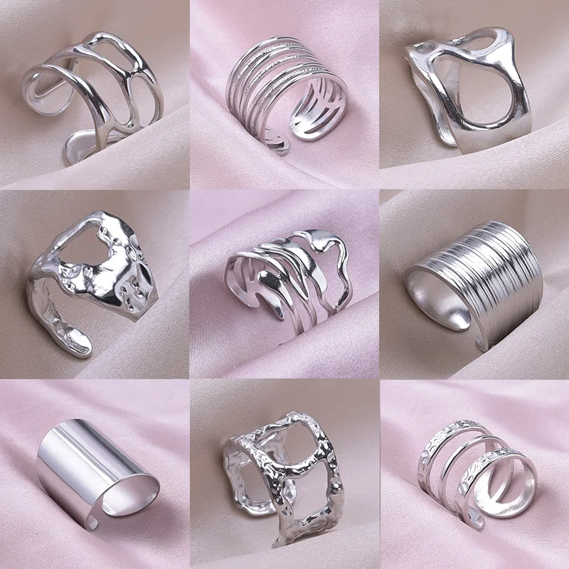 DY7 1/3Pcs Stainless Steel Irregular Hollow Textured Open Finger Rings For Women Personality Vintage Big Wide Men Rings Jewelry