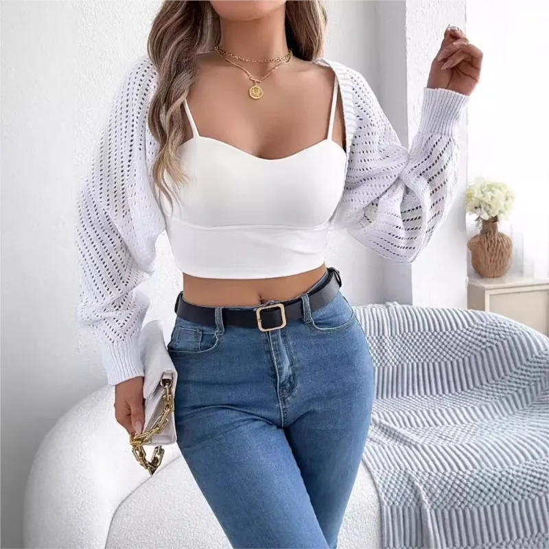

Women's Fashionable Knitted Cardigan Sweaters For Autumn And Winter Casual Pure Color Hollow Lantern Sleeves Shawl Sweater Y2K