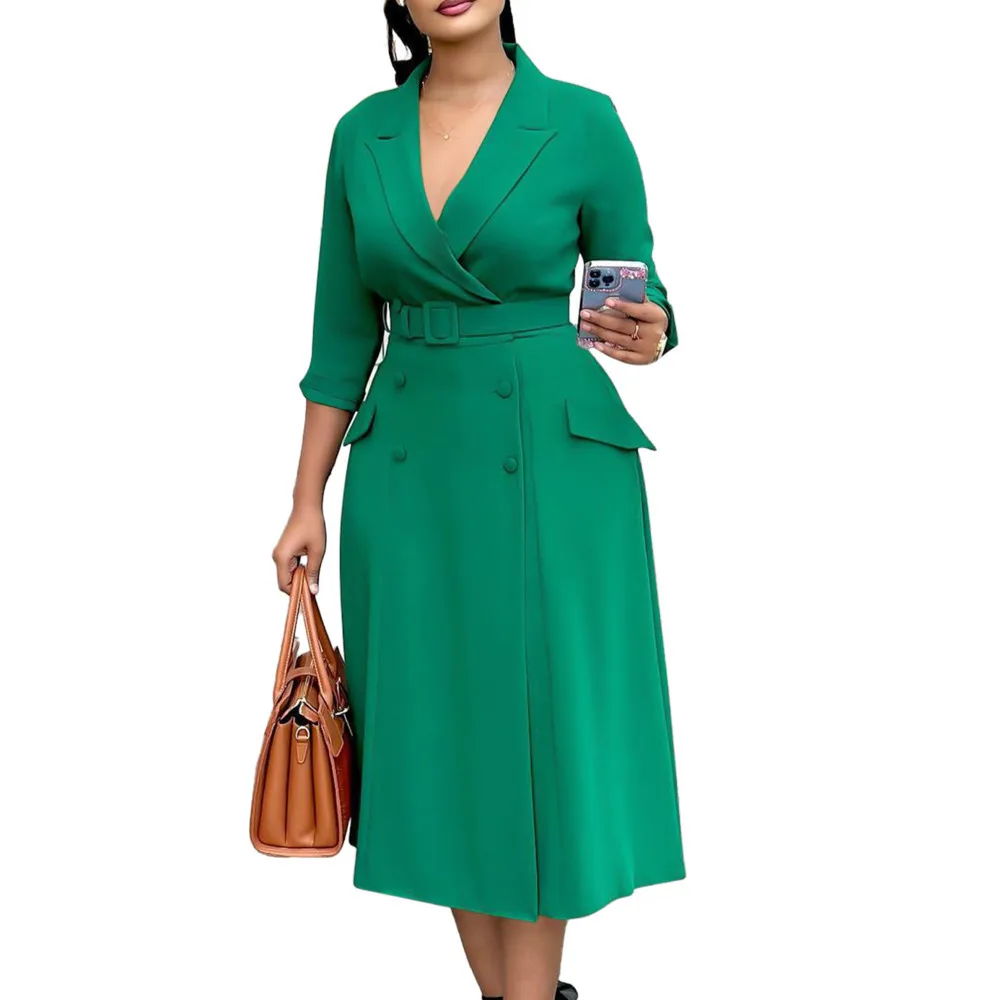 Women's Clothing Autumn And Winter Fashion Temperament Double Breasted Suit Collar Solid Color Dress Mid Length Dress 2024