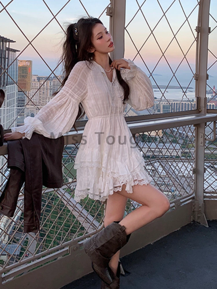 Autumn Solid Elegant Fairy Dress Women Lace Vintage Designer Party Slim Min Dress Female Female Korean Style Princess Dress 2023