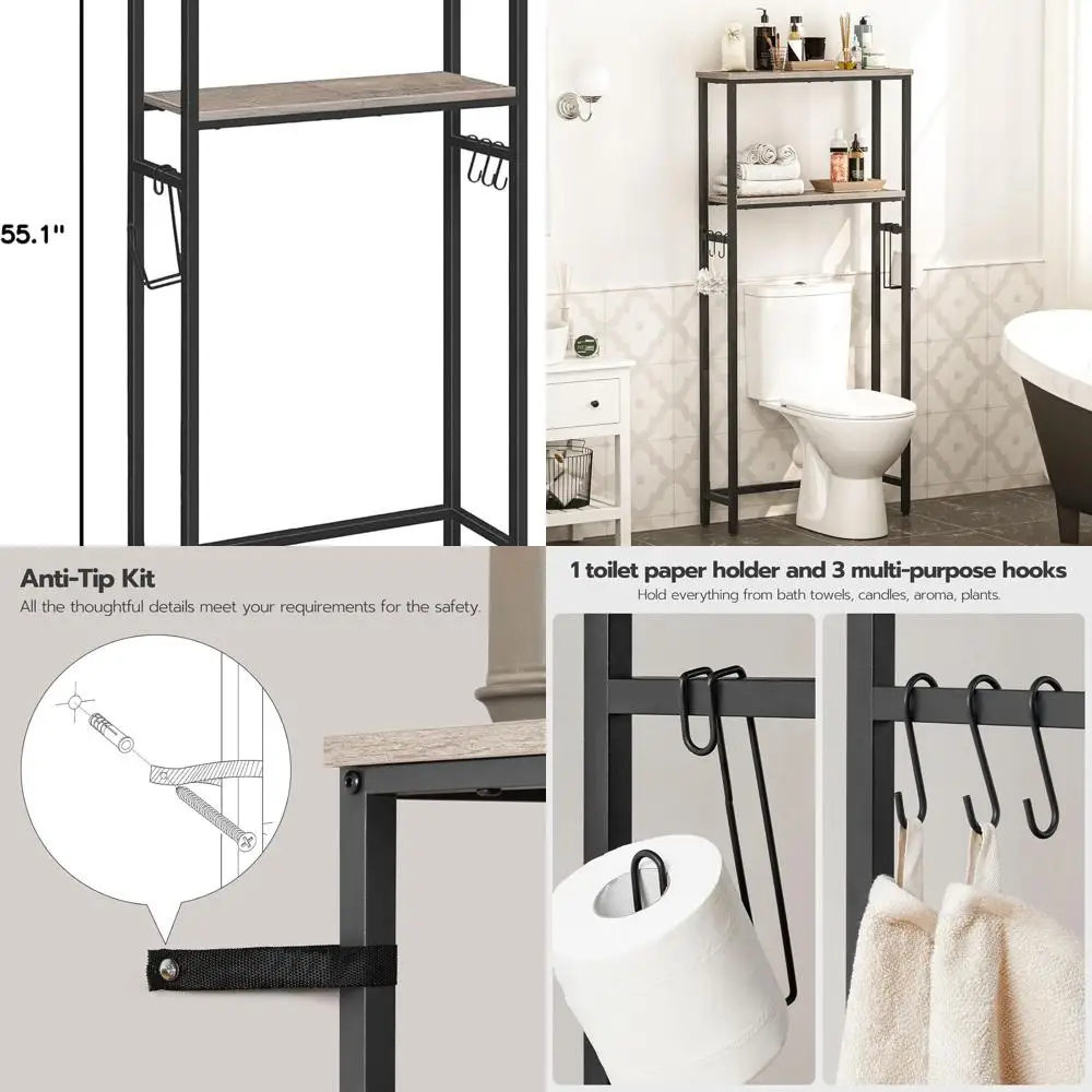 

2-Tier Over-the-Toilet Storage Organizer with Paper Holder & Hooks, Space-Saving, Greige & Black