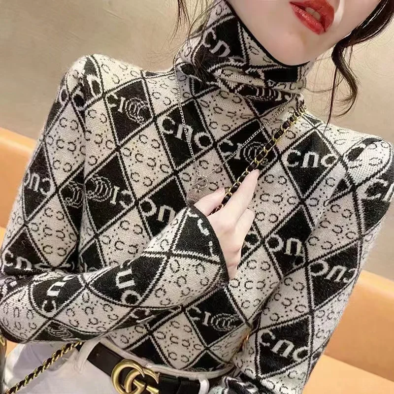 

Female Clothing Vintage Casual Elastic Slim Turtleneck Sweaters Autumn Winter Fashion Y2k Letter Jacquard Wool Knitted Pullovers