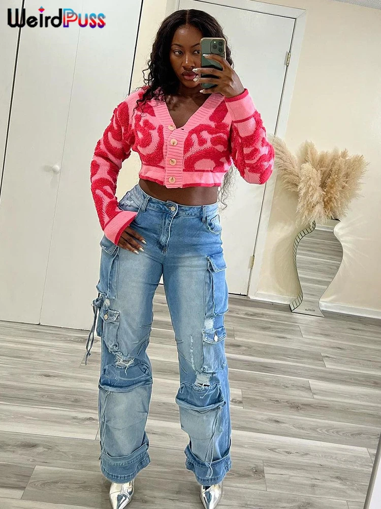 

Weird Puss Y2K V-Neck Button Cardigan Sweater Women Autumn Stylish Casual Long Sleeve Warm Wild Streetwear Knit Classic Jumper