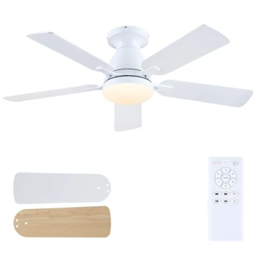 

46 Inch Ceiling Fans with Lights and Remote for Bedroom Indoor Outdoor, White Flush Mount Fan, Low Noise Reversible Dimmable Mo