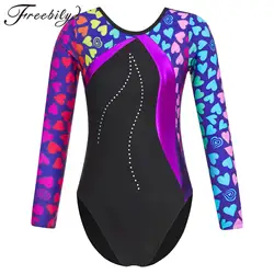 Kids Girls Gymnastics Leotard Long Sleeve Print Patchwork Skating Jumpsuit for Yoga Ballet Dance Training Gymnastic Bodysuit