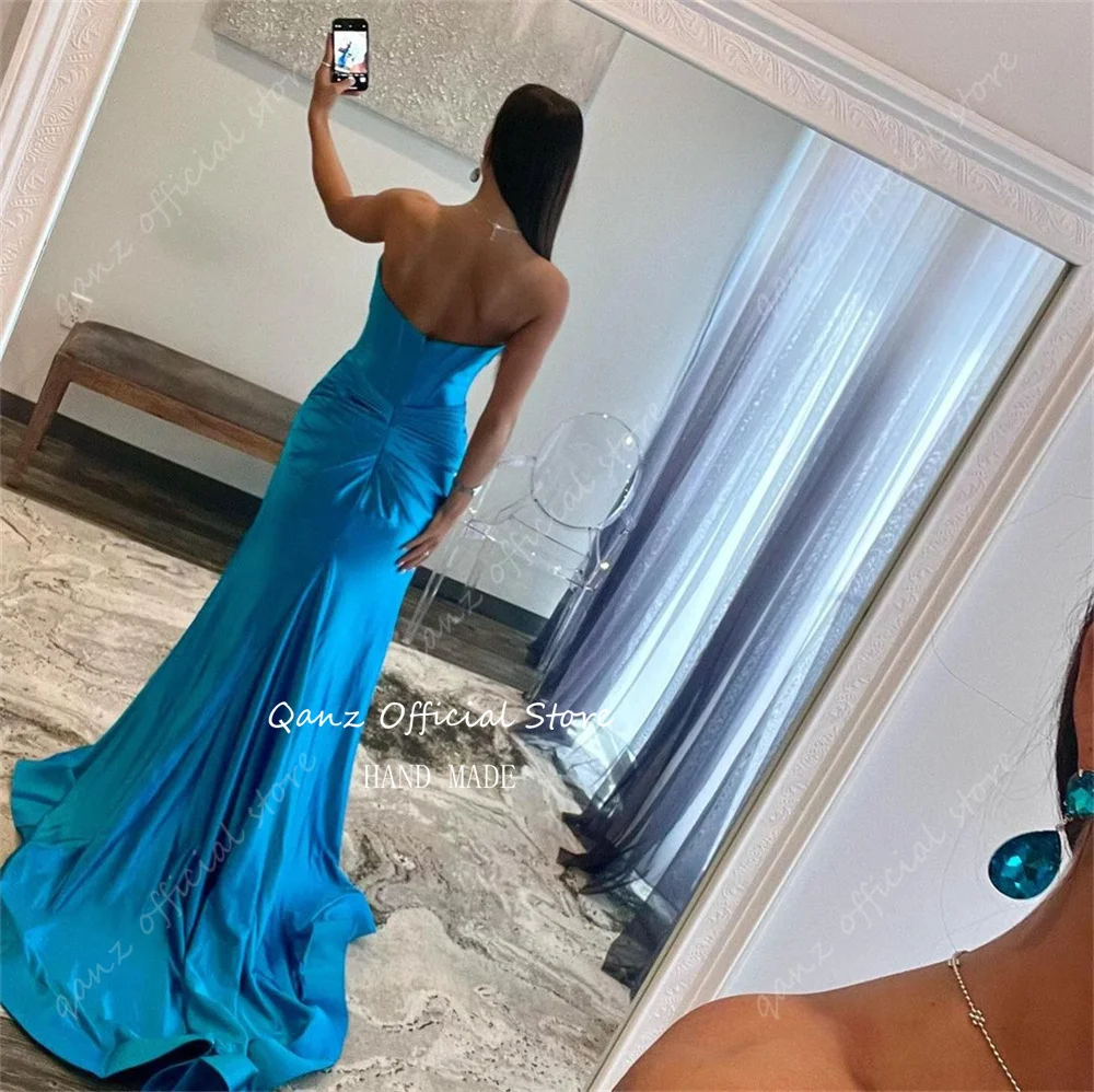 Qanz Modern Strapless Prom Dress Women Satin Floor Length Leg Slit Pleat Party Gown Backless Mermaid Vestido De Noche Customized