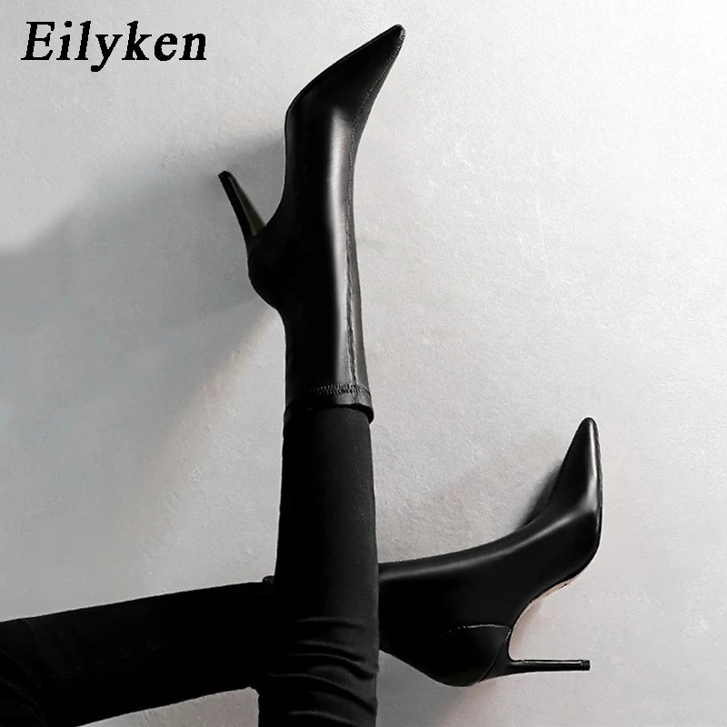 Eilyken Fashion Winter High Quality Soft PU Leather Socks Women Ankle Boots Street Style Pointed Toe Thin Heels Ladies Botines