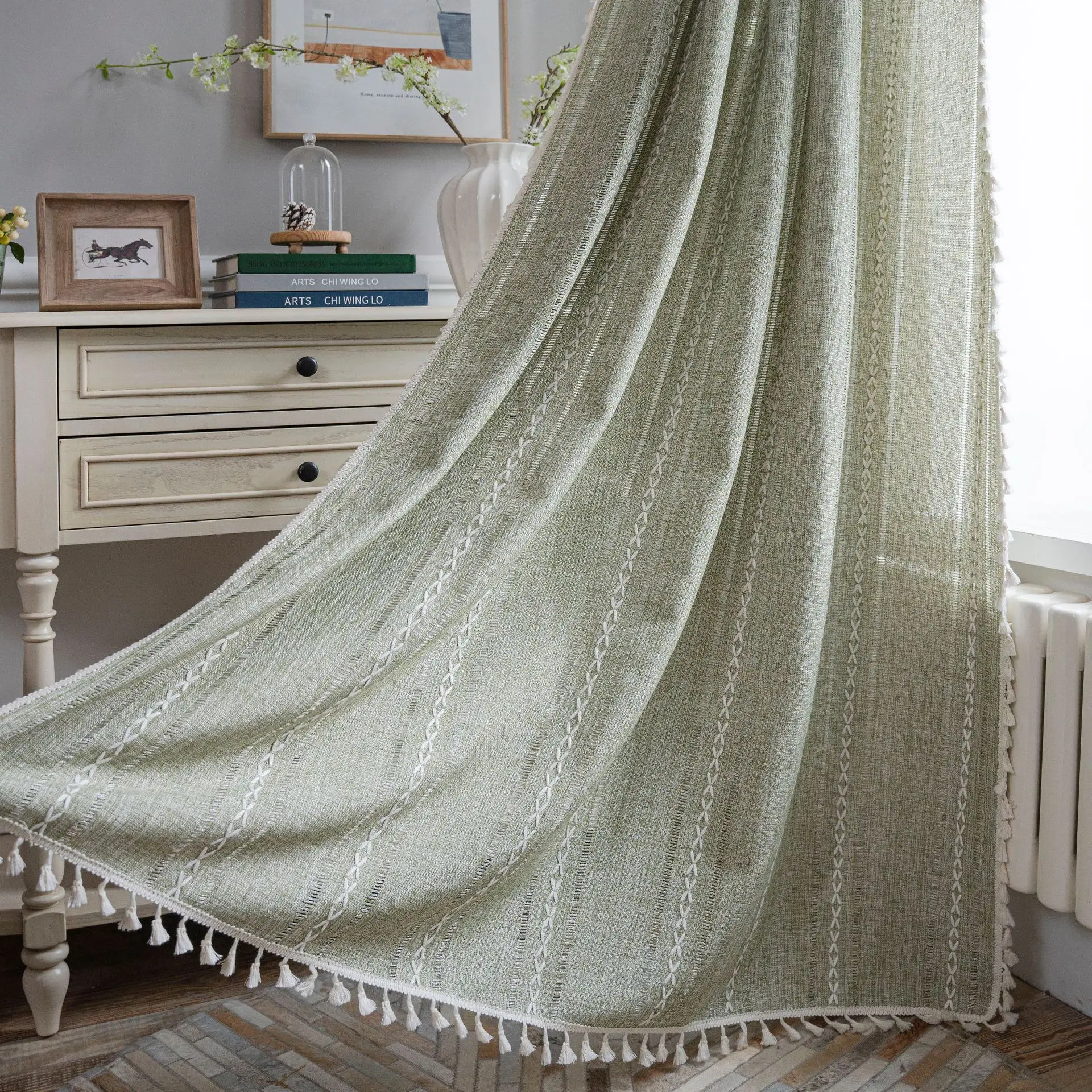 Sage Green Boho Farmhouse Curtains Bedroom Living Room French Country Spring  Textured Window Curtain Bohemian Tassel Draperies