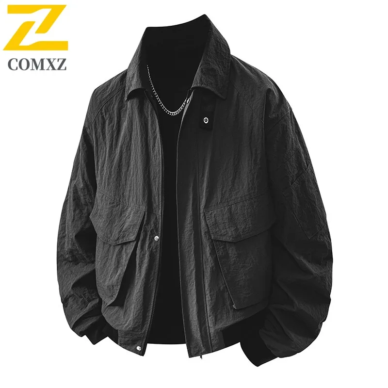 

COMXZ 2025 Mens Korean Style Stand Collar Workwear Jacket Spring Casual Outdoor Sports Multi-Pocket Multiple Sizes M-8XL Coat
