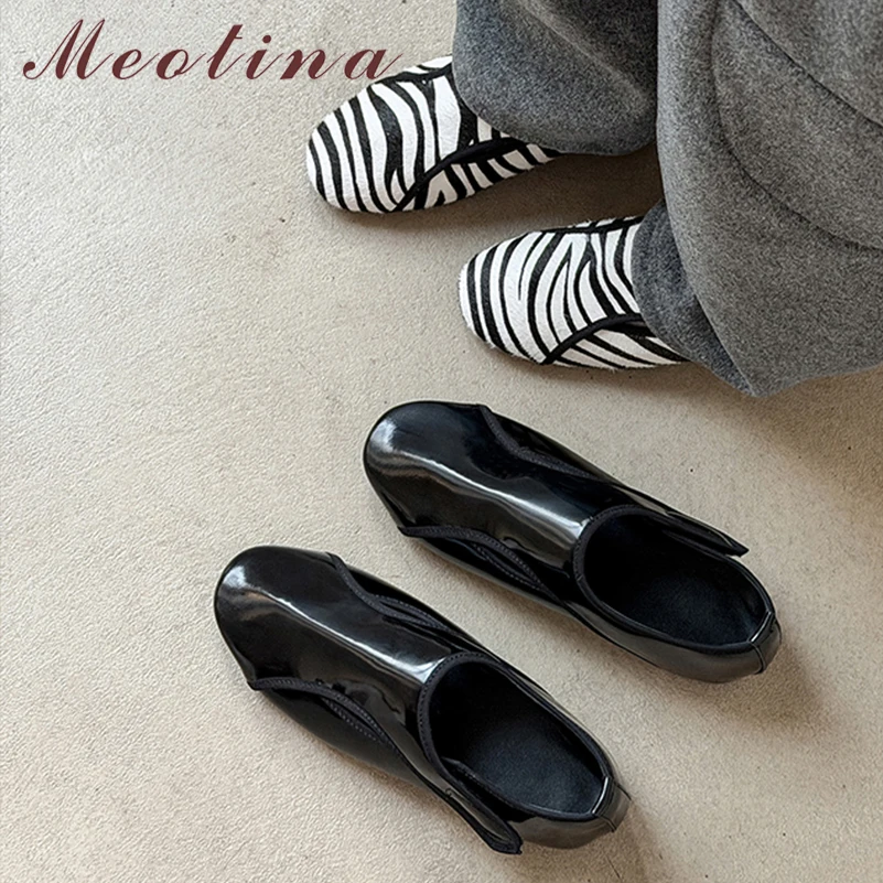 

Meotina Women Genuine Leather Flats Round Toe Horsehair Concise Design Casual Ladies Fashion Spring Autumn Black White 43