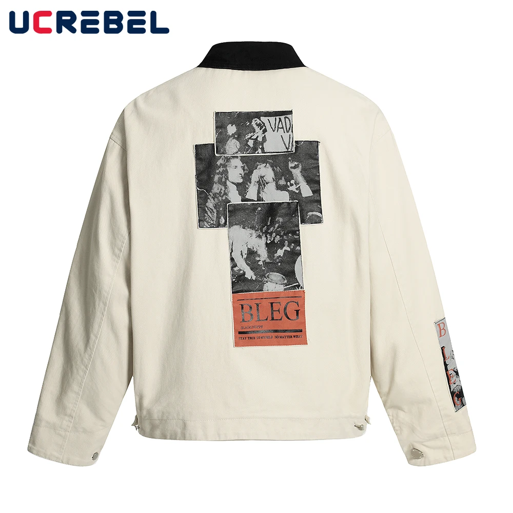 

Portrait Print Cargo Jacket Mens Retro Autumn High Street Spliced Lapel Long Sleeve Ripped Loose Outerwear Men