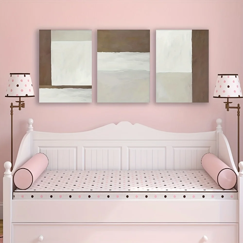 3pcs Beige Brown Muted Gray Abstract Minimalist Canvas Wall Art Set - Neutral-Toned Large Panel-Like Paintings (Left/Center/R
