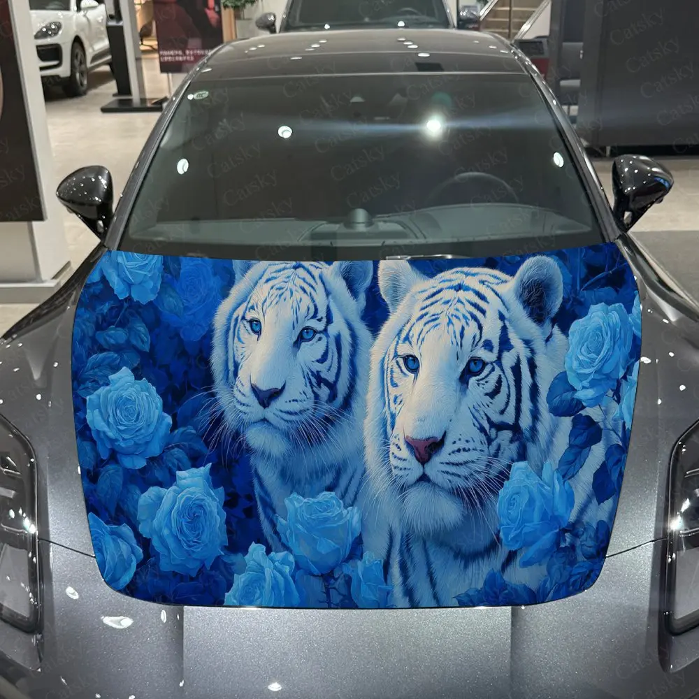 

Blue Flower White Tiger car Hood Wrap Color Vinyl Sticker Truck Graphic Bonnet Auto Accessories Decor Protect Decal Gift