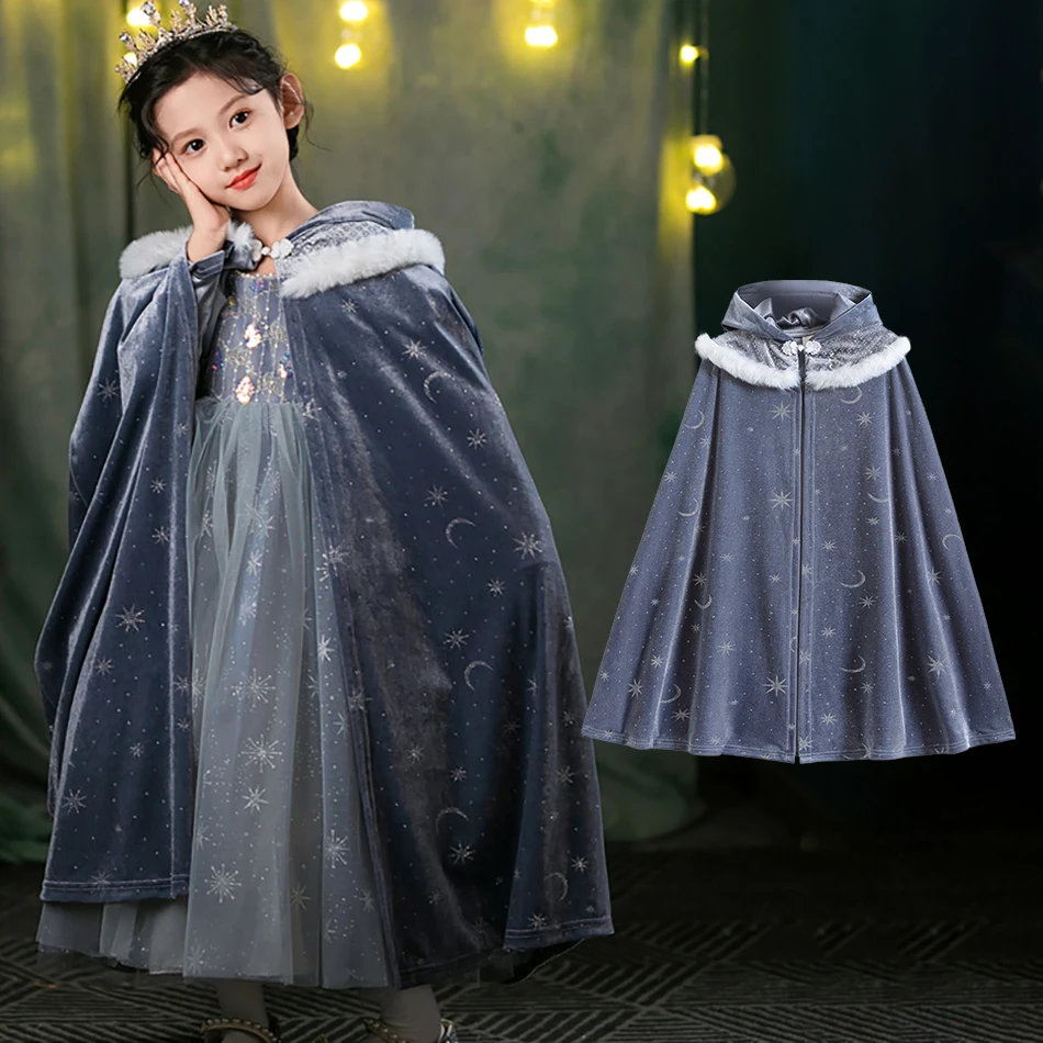 

Spring Child Carnival Shawl Cosplay Costume Baby Kids Halloween Princess Elsa Cloak Autumn Girls Snowflake Print Hooded Cape