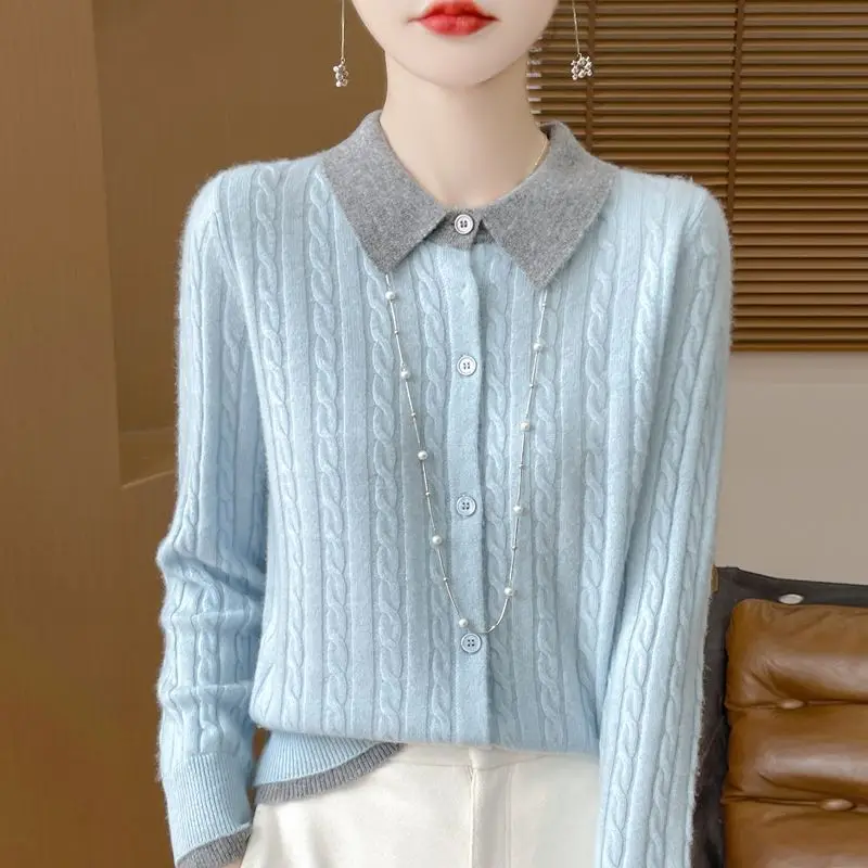 

Spring and Autumn New Two-piece Cardigan Sweater Lapel Color Matching Twist Loose Versatile Knitted Bottom Sweater Jacket Top