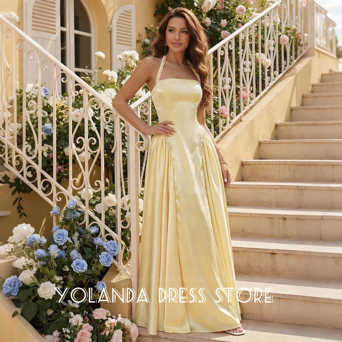 Yolanda Women's Wedding Party A-Line Princess Halter Sleeveless Mother of the Bride Dresses 2026 Basque Waist Beading Customized