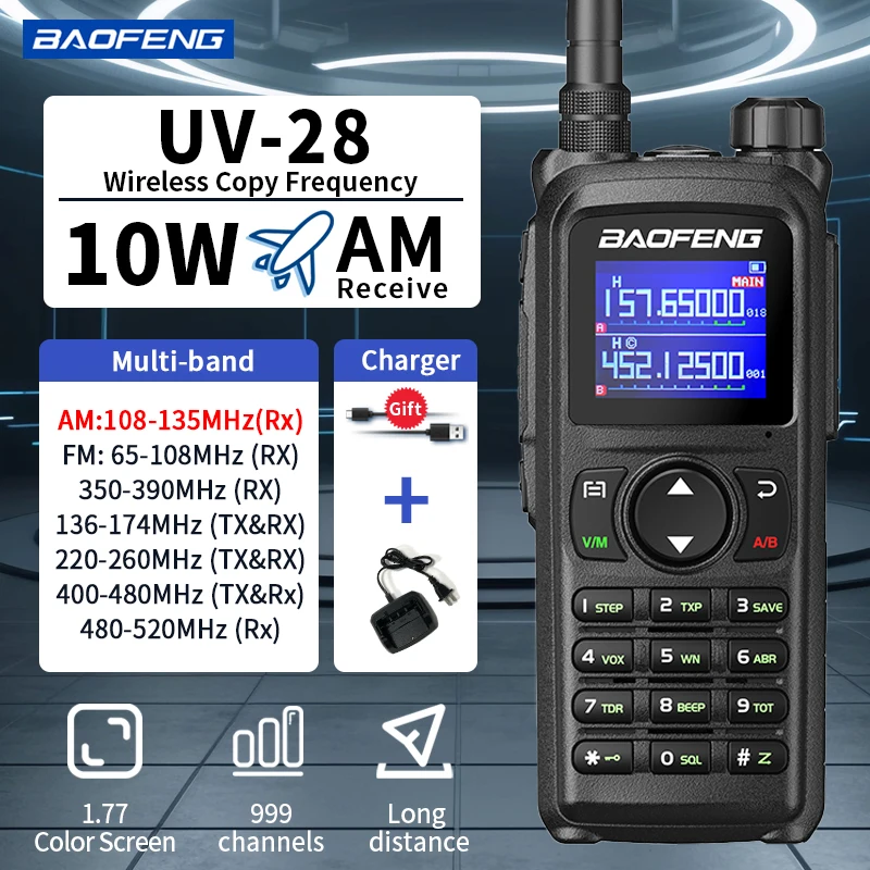 Baofeng UV-28 Walkie Talkie Multi-Band 999CH Wirless Copy Frequency Long Range Receiver Type-C AM FM Two Way Portable Ham Radio